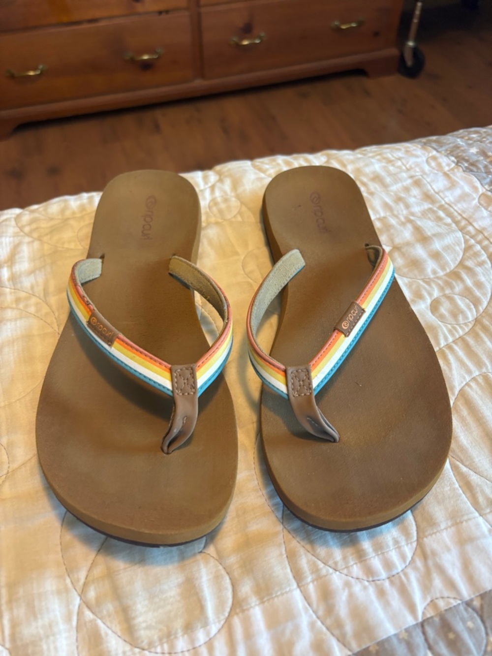 Rip Curl Brown Flip Flop Sandals with Rainbow Straps